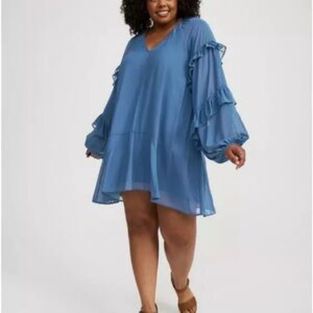 torrid Blue V-Neck Mini Dress with Ruffled Balloon Sleeves